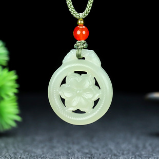 Hetian Jade Blossom Prosperity Pendant Qinghai Lake Water Green Double-Sided Hollow Carved Pendant with Handmade Rope