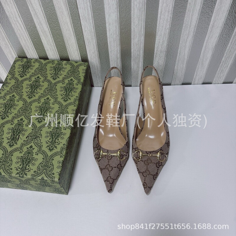 High-End Version of the Popular g Brand Classic Monogram Fabric Lettered Versatile Stiletto High-Heeled Sandals, 7cm Pointed Toe, European and American Export High-End Version of the Popular g Brand Classic Monogram Fabric Lettered Versatile Stiletto High-Heeled Sandals, 7cm Pointed Toe, European and American Export