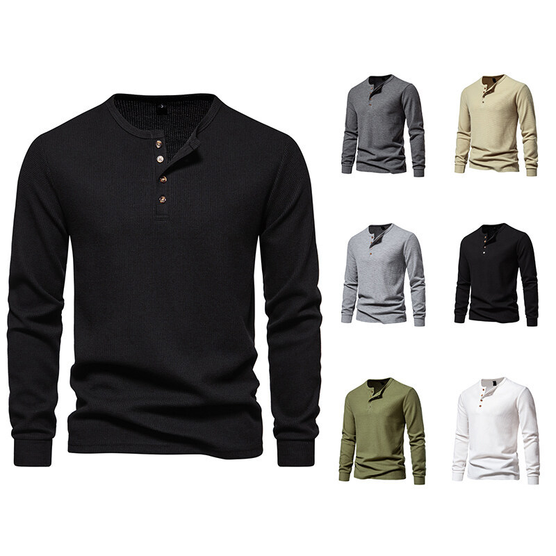 Amazon 2025 Export New Men's T-Shirt Waffle Henley Collar Top Fashionable European Size Long-Sleeved T-Shirt for Men