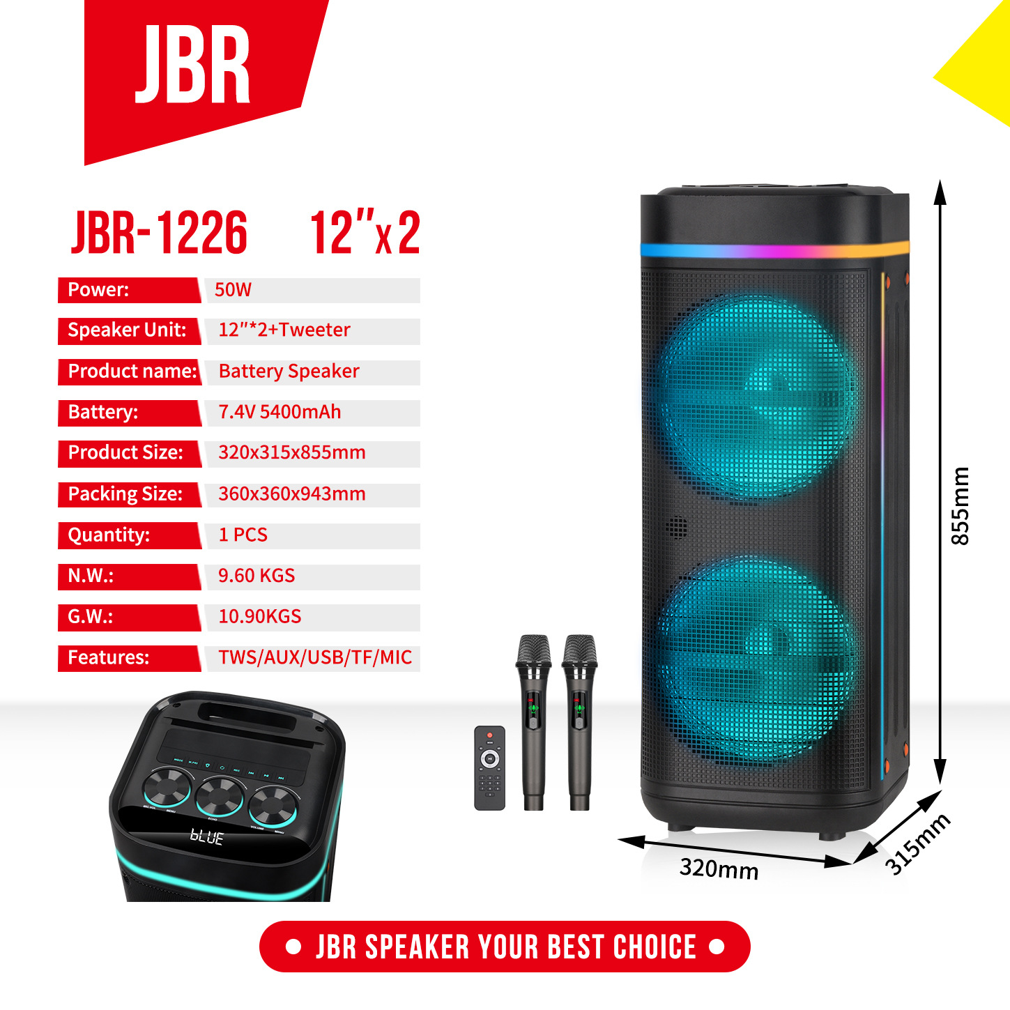 Fábrica de origen JBR - 1226 exportación transfronteriza doble 12 pulgadas nuevo sonido Bluetooth portátil al aire libre