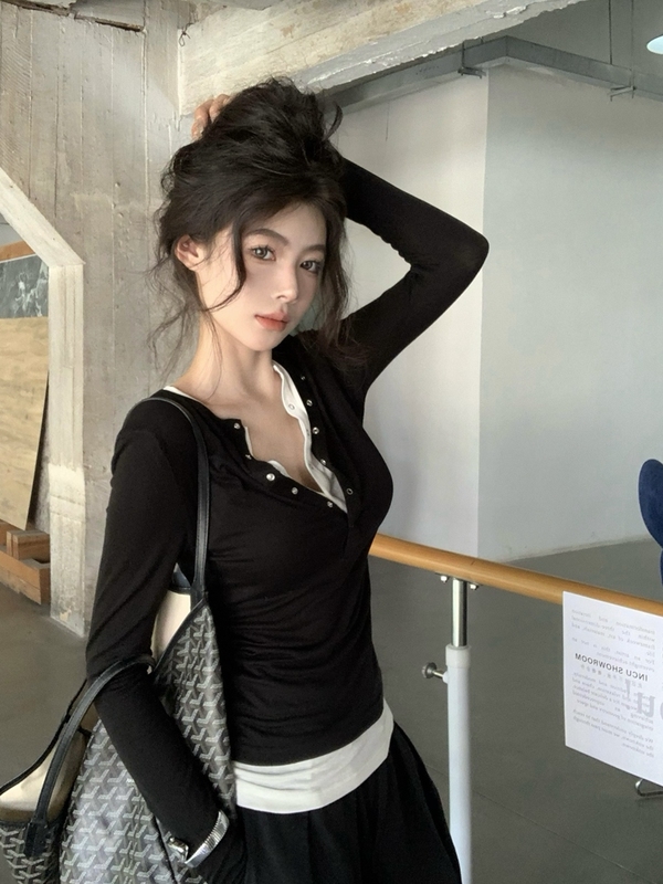 韩系设计假两件长袖T恤女秋季2025新款气质百搭修身显瘦打底上衣1|undefined