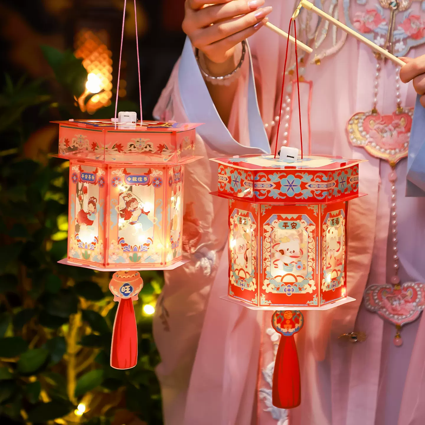 中秋节灯笼儿童手提发光花灯 diy材料包国潮古风卡通宫灯批发摆摊