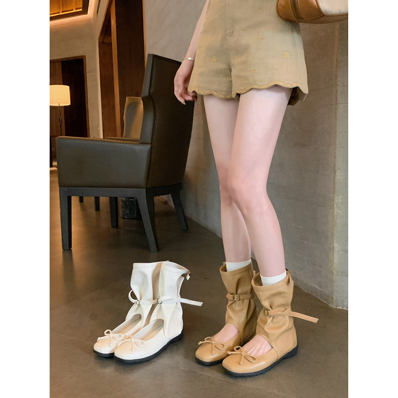 Ready in Stock ~ the Same Style as Grape Mom ~ 5cm Taller ~ Fashionable Square Round Toe Bow Shallow Mouth Mary Jane Mid-Calf Boots for Women
