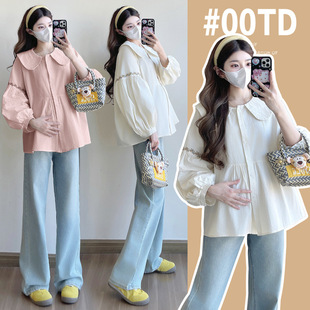 2025 Spring New Pregnant Women Korean Style French Style Gentle Doll Collar Chanel Style Doll Shirt Top