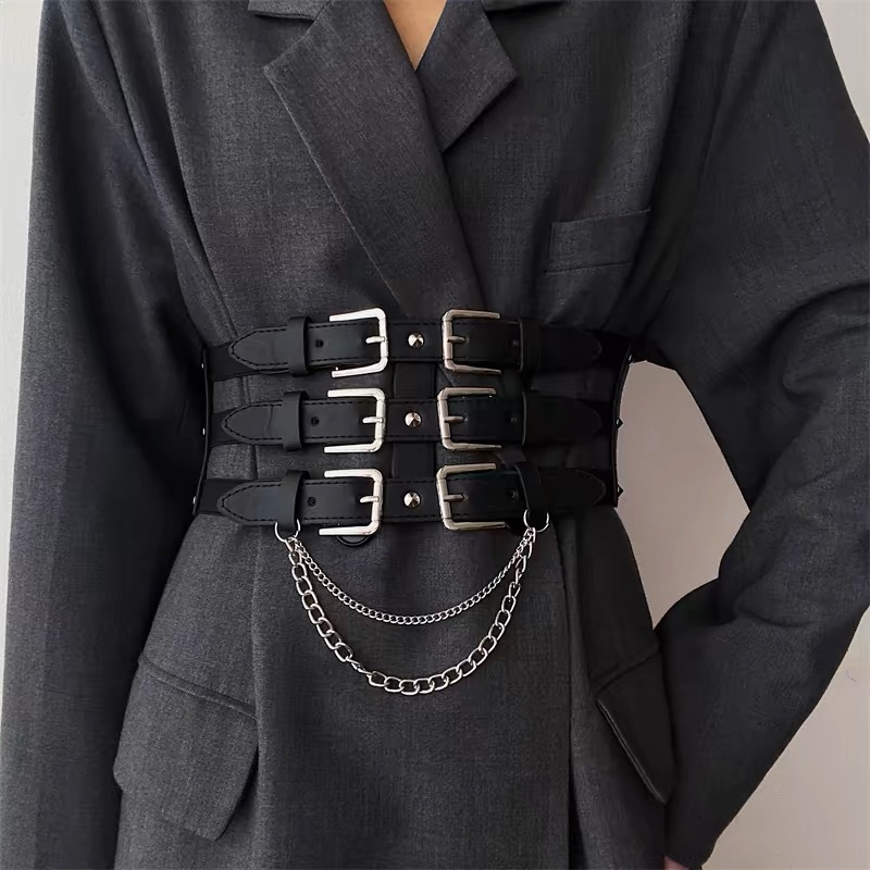 New Waistband with Waistband and Three Row Needle Buckle Ins Punk Women's Fashion Matching Dress Shirt Elastic Wide Waistband_voghion.com
