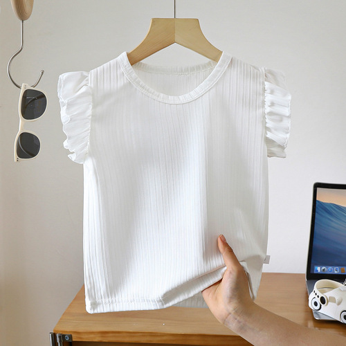 2025 Girls Summer Dress Summer Ice Silk Cute Baby Small Fly Sleeve Trendy Solid Color T-shirt for Little Girls Short Fashion Kids Top