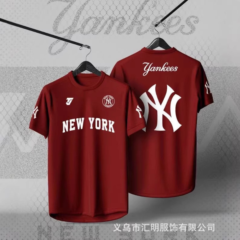 Cross-Border New Model Yankees Baseball T-Shirt, Burgundy, Large Ny Print, American Retro Fan Style, Quick-Dry Cross-Border New Model Yankees Baseball T-Shirt, Burgundy, Large Ny Print, American Retro Fan Style, Quick-Dry