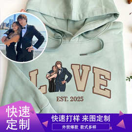 刺绣情侣照片连帽衫情人节情侣肖像衬衫婚礼肖像匹配情侣连帽衫