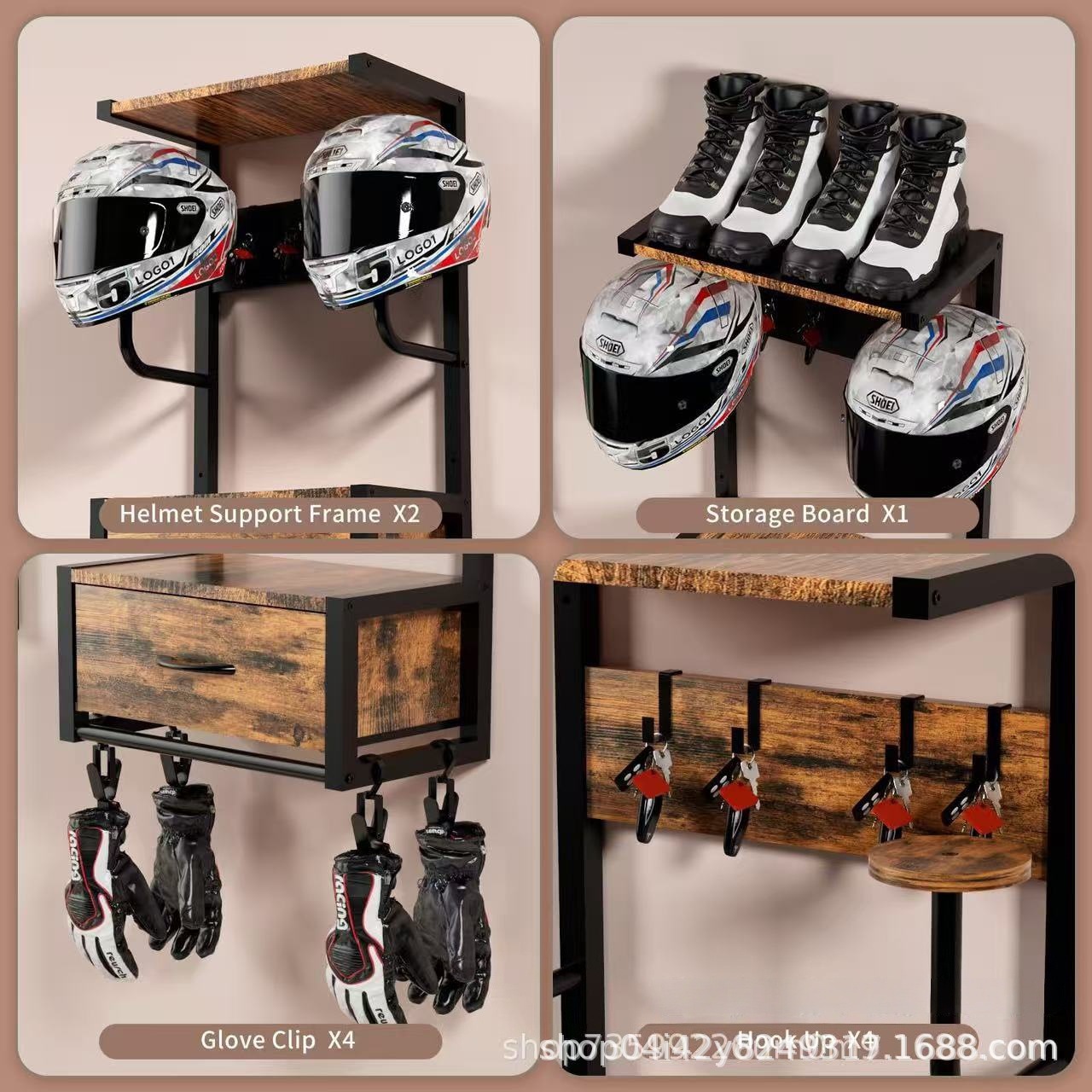Wooden Motorcycle Helmet Holder Wall-Mounted Helmet Stand with Helmet Rack Riding Gear Accessories Storage Organizer