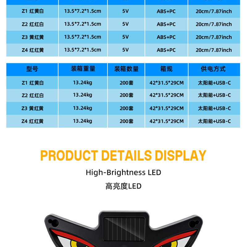 Cross-border solar-powered dynamic devil eye LED warning light for cars, trucks, and vans