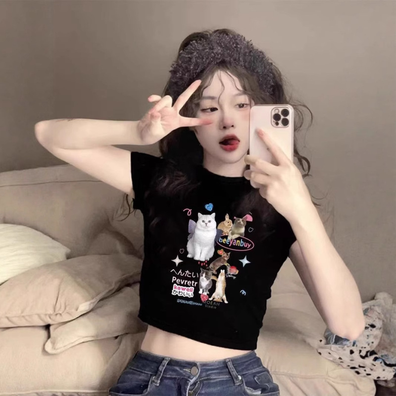 美式复古辣妹短袖T恤女2024夏修身显瘦高腰露脐短款猫咪印花上衣|undefined
