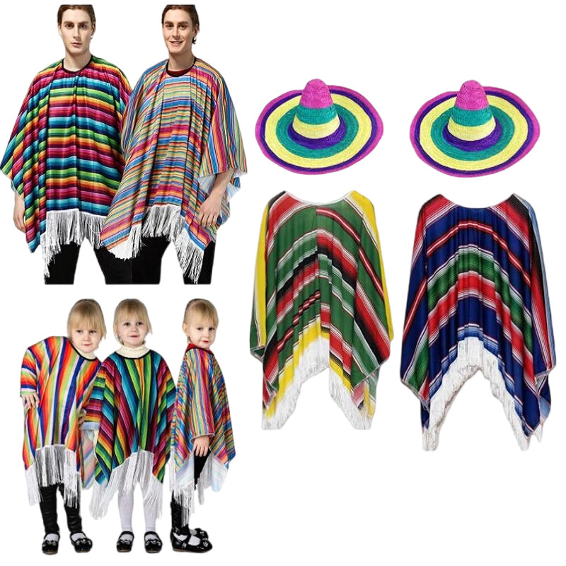 Adult Children Parent-Child Cloak Mexican Table Performance Costume Halloween Dress-up Colorful Ethnic Style Hat