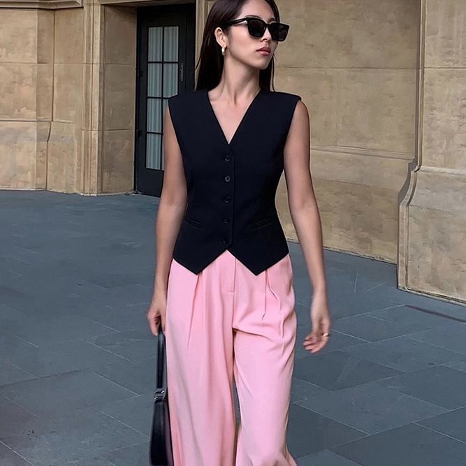 Black V Neck Suit Summer Retro Layered Sleeveless Waist Cardigan Top with Autumn Vest for Women