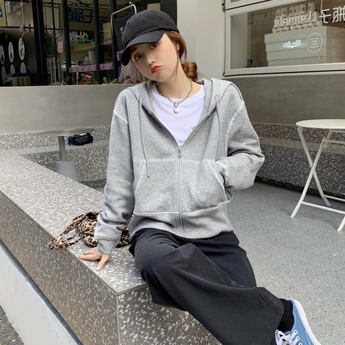 Women's gray hoodie outerwear, spring and autumn versatile, Korean chic, casual, small figure, Instagram trendy
