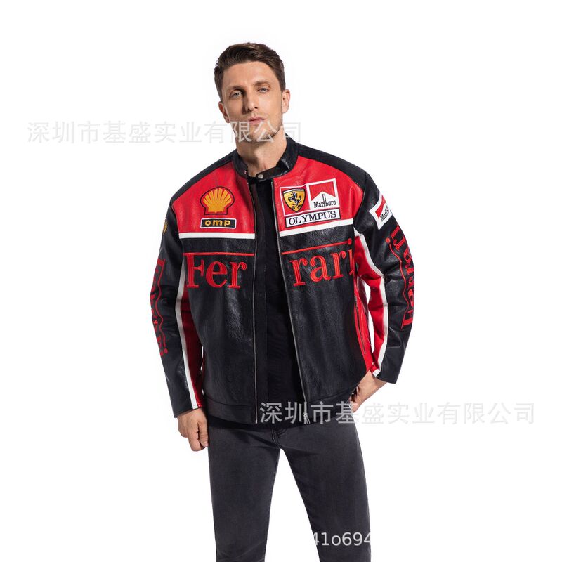 F1 Racing Suit Ferrari Leather Jacket Harley Motorcycle Cycling Jacket with Cotton Embroider Trendy Cool Jacket Supports Customization