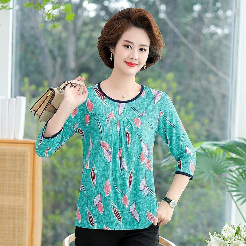 Summer Mother's Shirt Mid-Sleeve Middle-Aged and Elderly Women's Base Top Round Neck Loose Seven-Sleeve T-Shirt Women's Short Sleeve Summer Mother's Shirt Mid-Sleeve Middle-Aged and Elderly Women's Base Top Round Neck Loose Seven-Sleeve T-Shirt Women's Short Sleeve