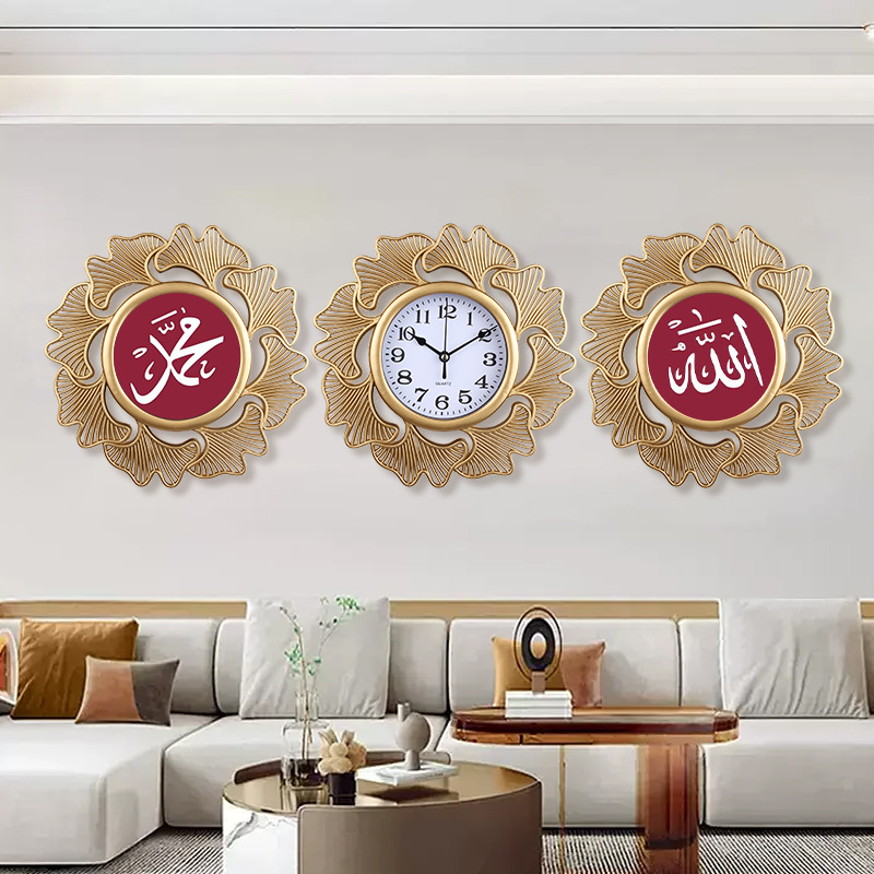 定制阿拉伯装饰挂钟三联餐厅客厅装饰画壁挂钟静音时钟可做镜子款