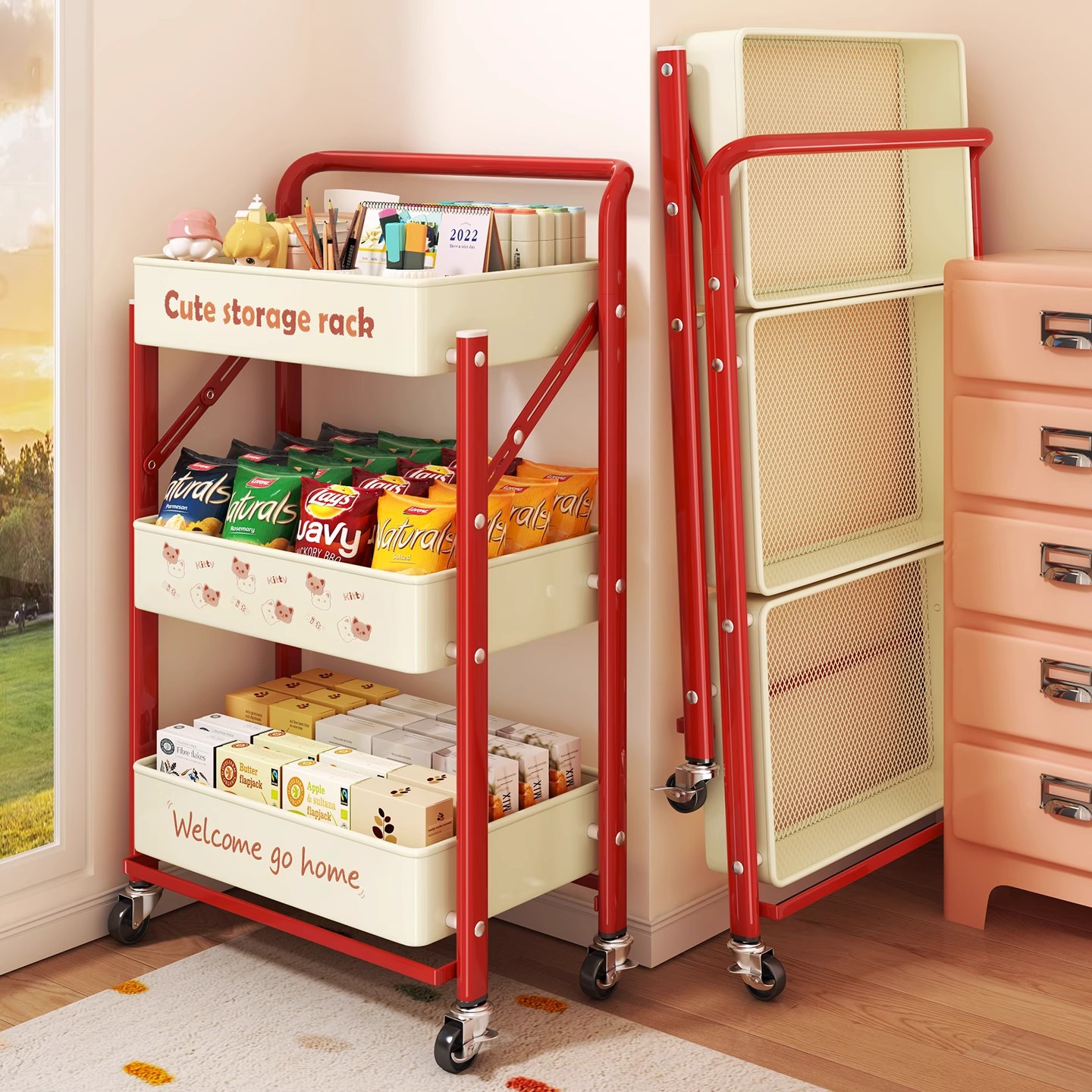 Dopamine Storage Rack Foldable Floor-Standing Multi-Layer Living Room Snack Trolley Home Children's Toy Storage Bookshelf