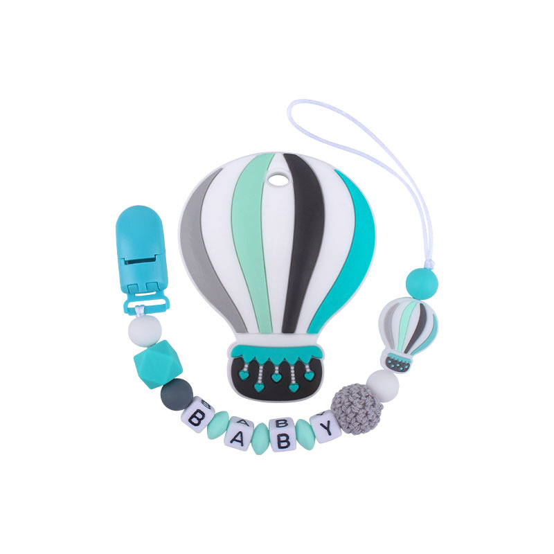 Bebé de dibujos animados de color globo de aire caliente de silicona teether personalizable nombre del bebé pezón anti-caída cadena teether traje