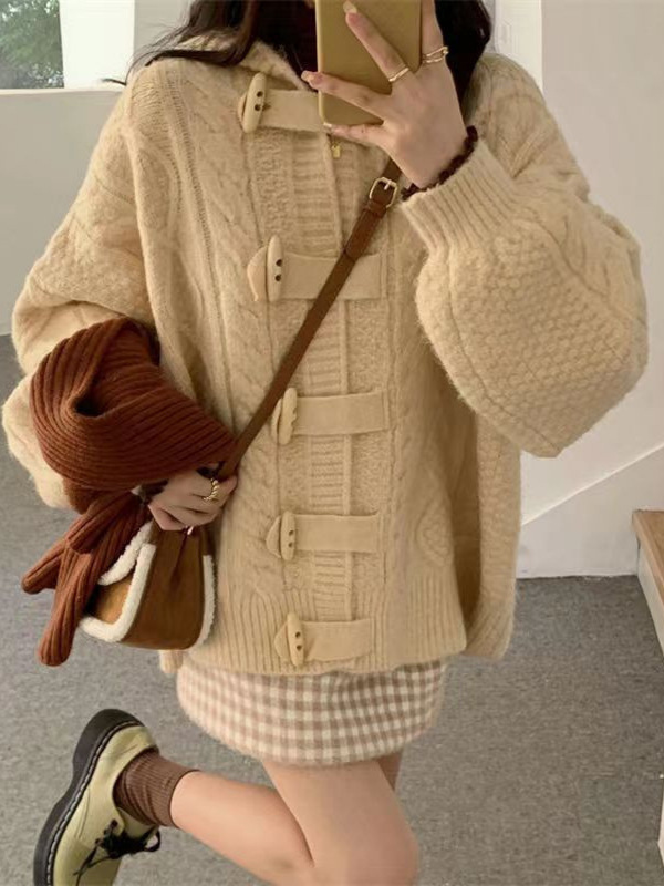 麻花毛衣外套女装2025秋冬新款甜美灯笼袖牛角扣连帽加厚针织开衫|undefined