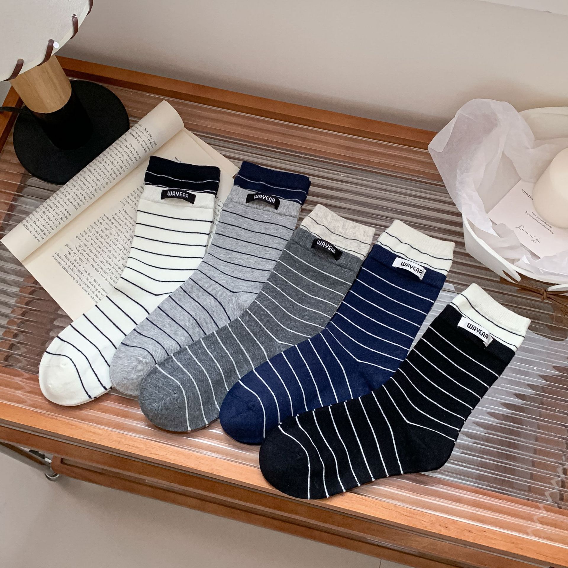 Double Ruffled Striped Mid-Calf Socks for Women, Cotton Socks in Black, Navy Blue, and Gray Basic Colors, Suitable for Commuting, Sports, Fitness, Casual, and Streetwear Trends