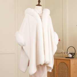 加绒加厚毛领斗篷披肩女冬连帽纯色水貂绒皮草外套中长款保暖大衣