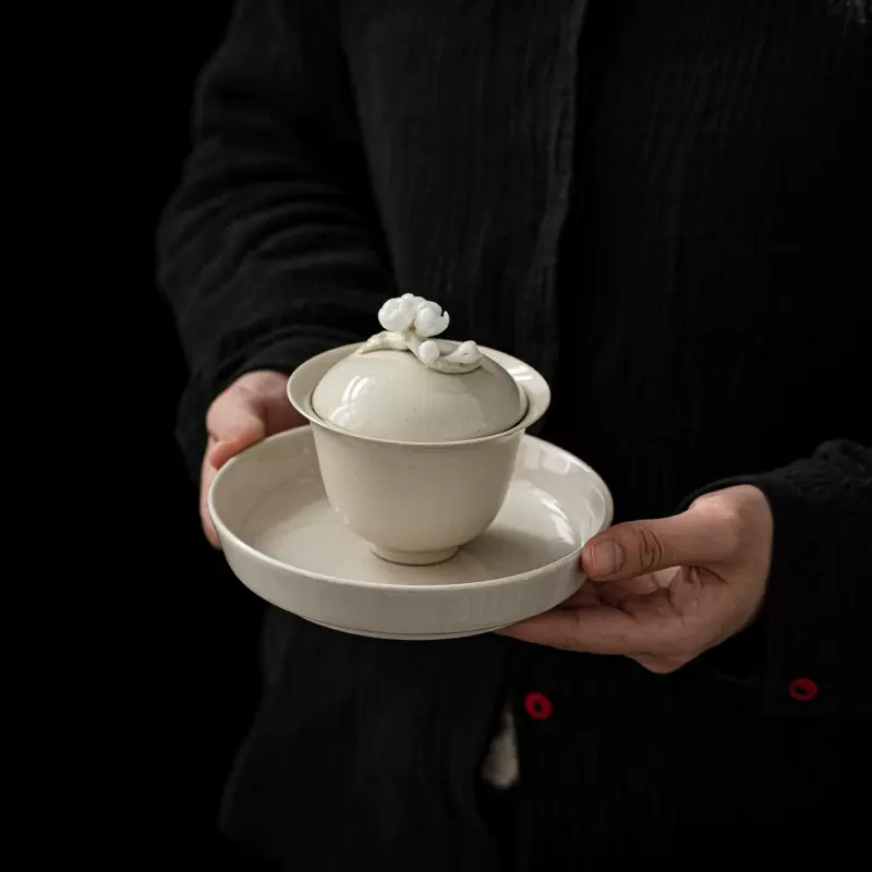 草木灰手工梅花盖碗 陶瓷茶碗家用客厅功夫茶具中式茶杯泡茶器