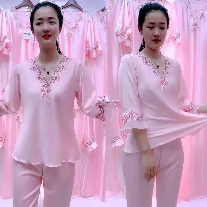 Cross-Border Women's Summer Long-Sleeve Long-Pants Ice Silk Two-Piece Pajamas Home Wear Sexy Silk Imitation Silk Cute Ladies' Set
