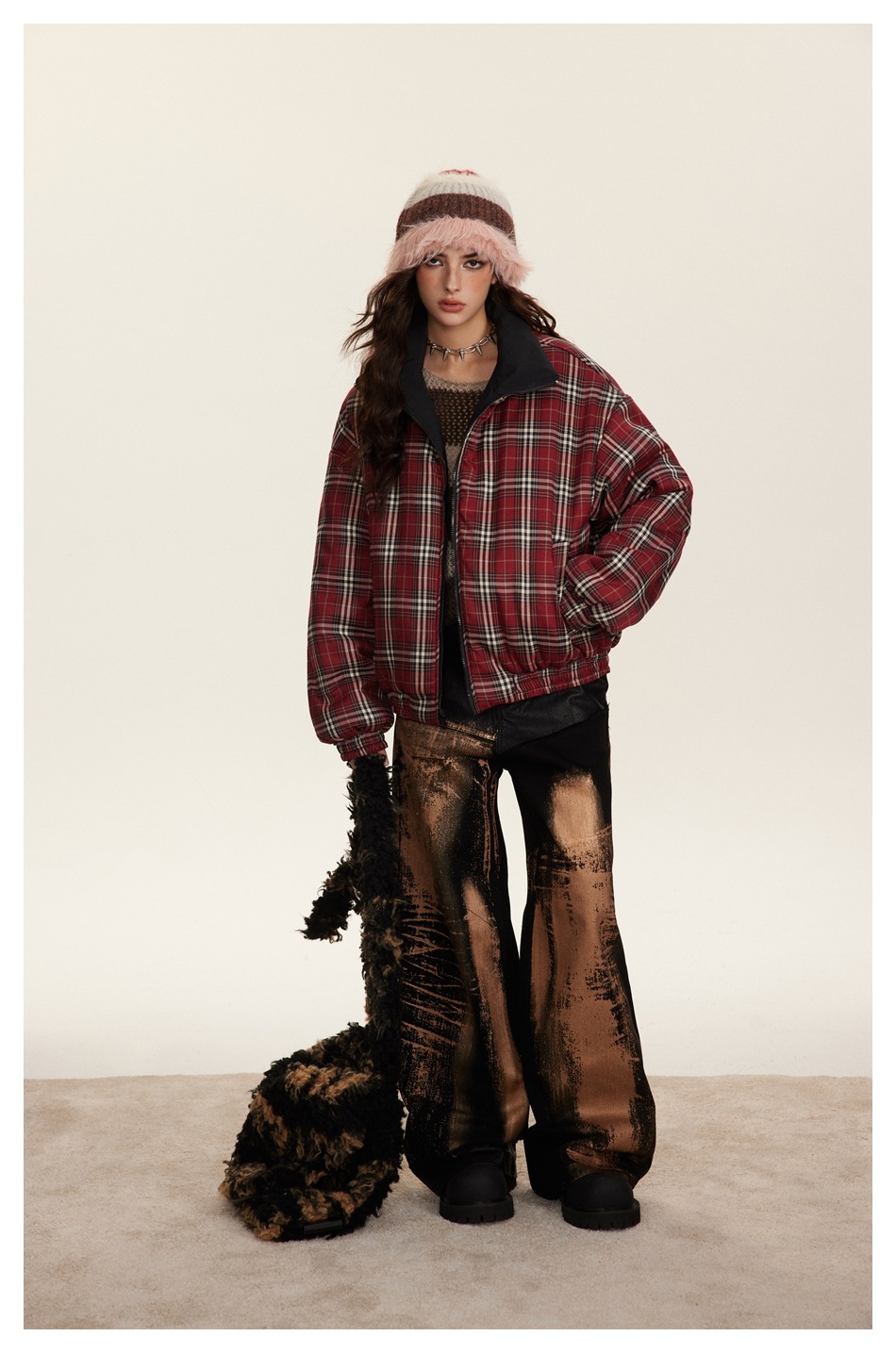 Herrenbekleidung Retro-Karierter Baumwollmantel Paar Wintermantel Männer und Frauen doppelseitiger Baumwollmantel mit Stehkragen_voghion.com