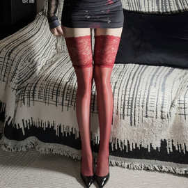 山茶花宽边蕾丝丝袜油亮极光长筒袜大腿袜黑色性感超薄黑丝女