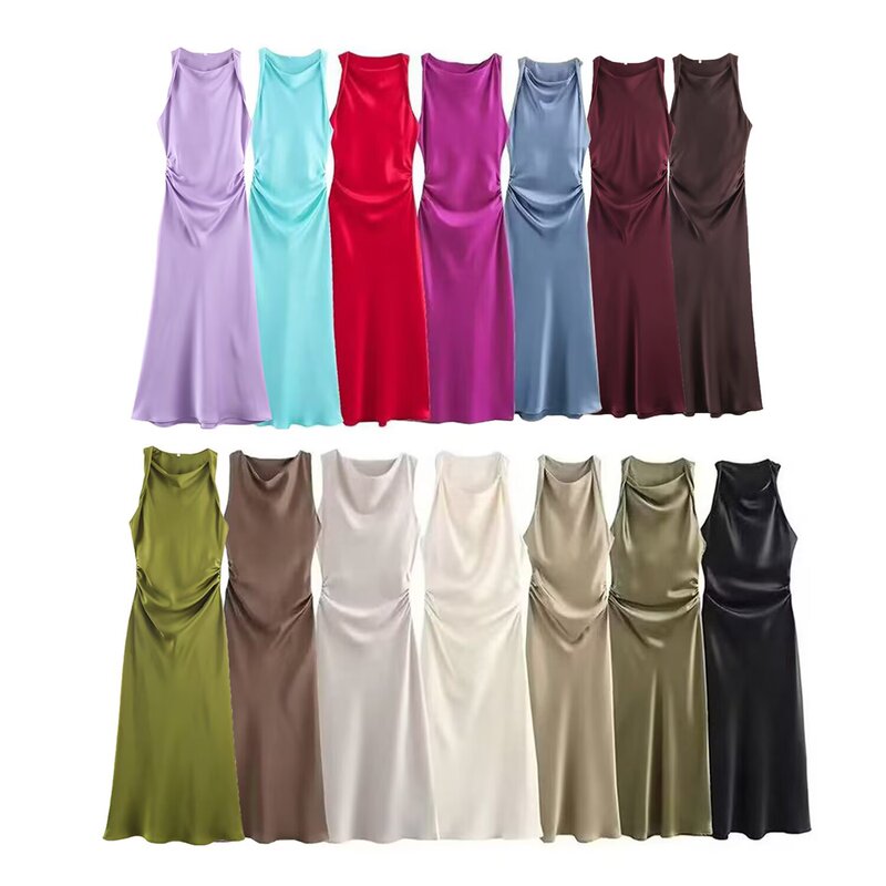 PB & ZA Women's Wear 2024 Autumn New Multicolor Fashion Slim Fit Silk Satin Texture Midi dress 8372090