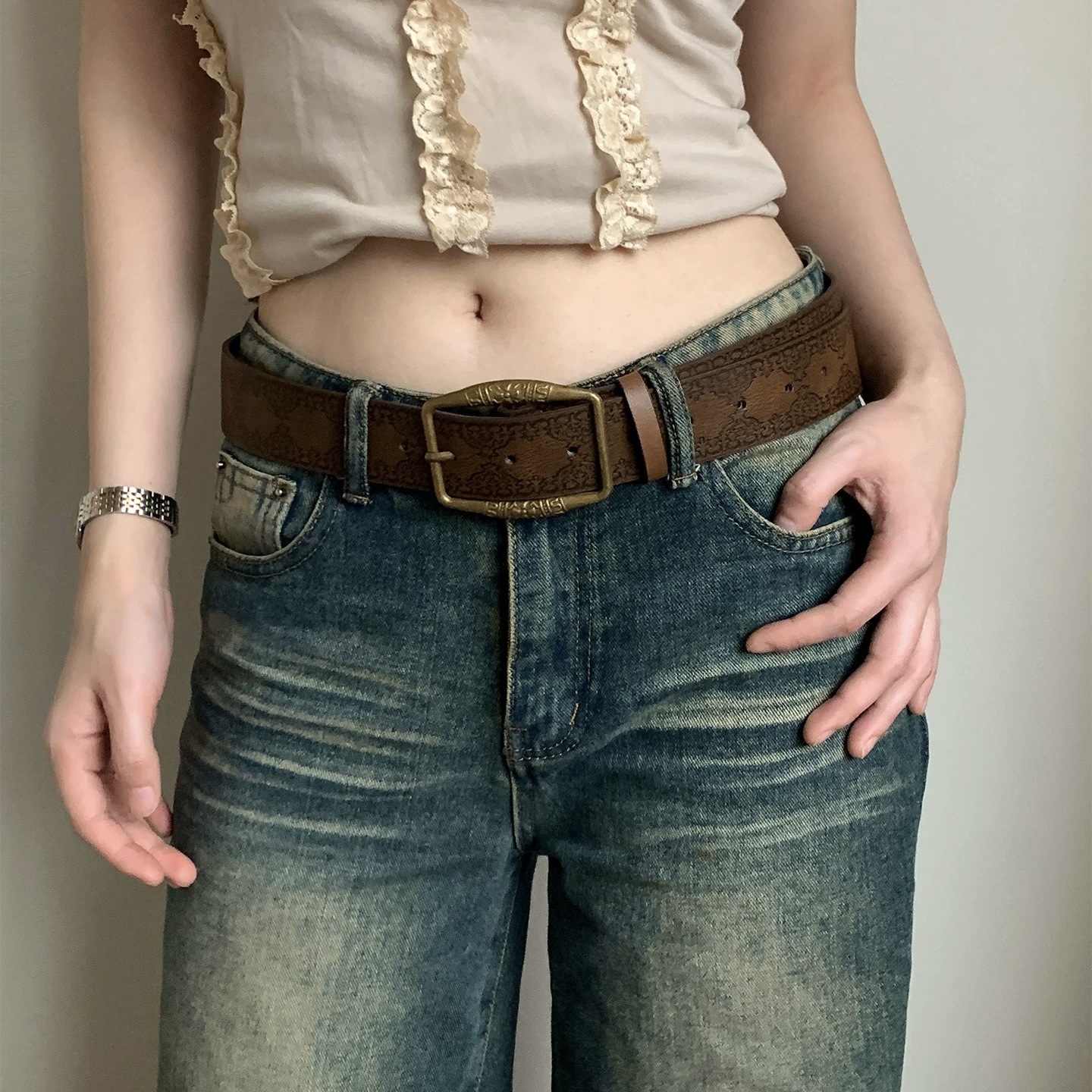 American-style leather belt for men and women Y2K 2025 new fashion young people hot girl skirt pairing high-end trendy vintage brown