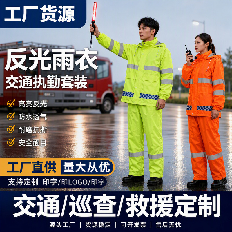 Reflective Raincoat and Rain Pants Set Long Split Double-Layer Fluorescent Green Reflective Clothing for Traffic and Sanitation Reflective Raincoat and Rain Pants Set Long Split Double-Layer Fluorescent Green Reflective Clothing for Traffic and Sanitation