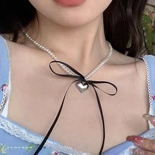甜酷风丝带蝴蝶结爱心珍珠项链女小众气质锁骨链颈链choker配饰女
