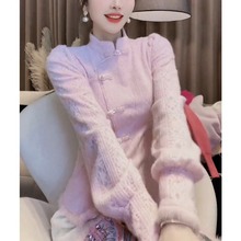 今年流行新中式国风内搭上衣唐装粉色衬衫女秋冬款加厚立领打底衫