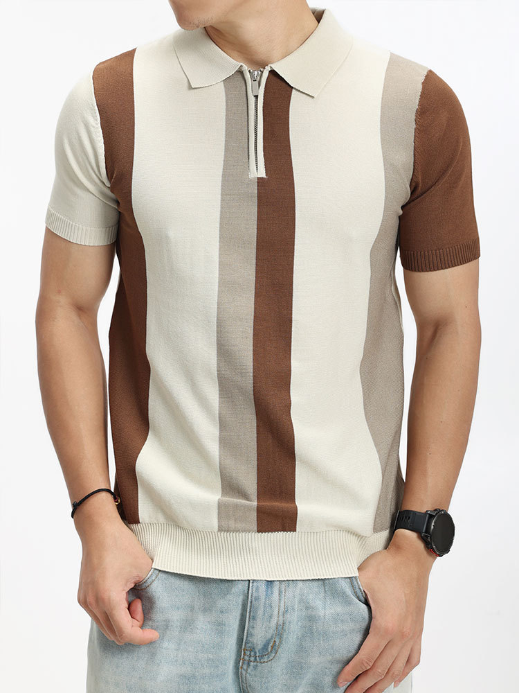 Hombres Europeos y americanos a rayas polo de punto hombre lujo ligero de alto nivel con solapa casual de manga corta con camiseta de cuello de hombre