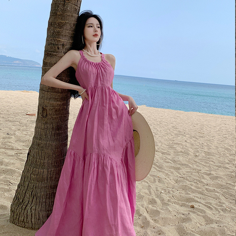 하이난 산야 발리 Xishuangbanna 해변 휴가 스트랩 원피스 여자의 여름 느슨한 슬림 핏 비치 원피스