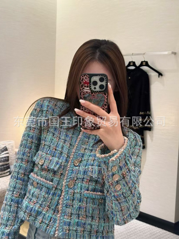 国王1印象 早秋新款圆领单排扣修身显瘦短装粗花呢格纹撞色外套女|undefined