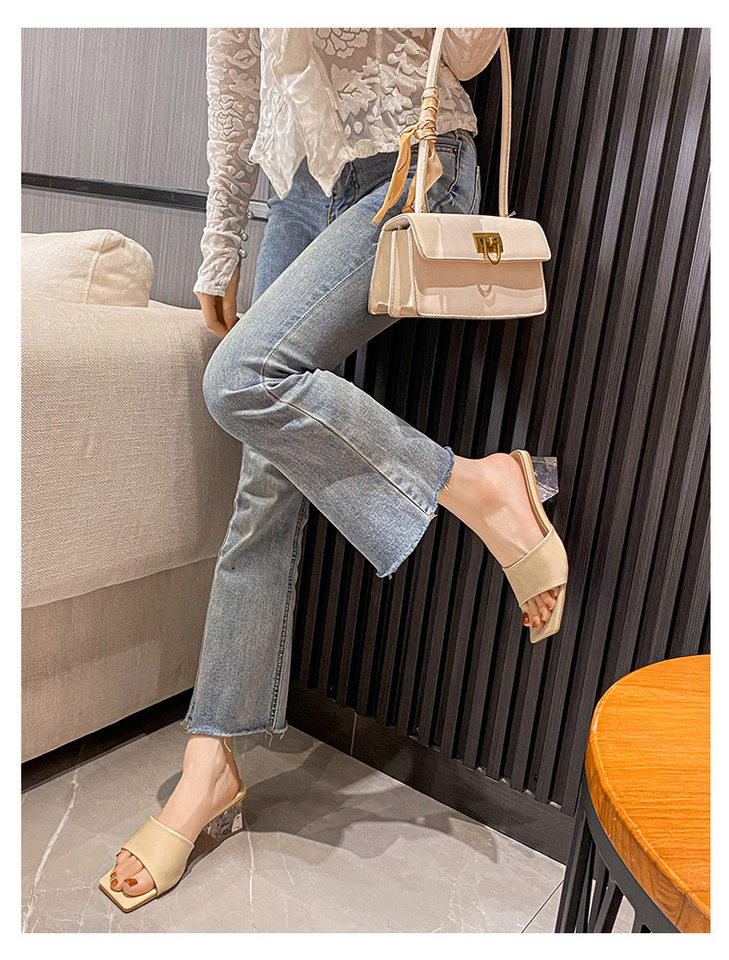Dép sandal nữ quai ngang mũi vuông đính pha lê, đế dày gót vừa 3–5 cm — Màu bạc, Màu hồng nude, Màu mơ Nude chi tiết 30