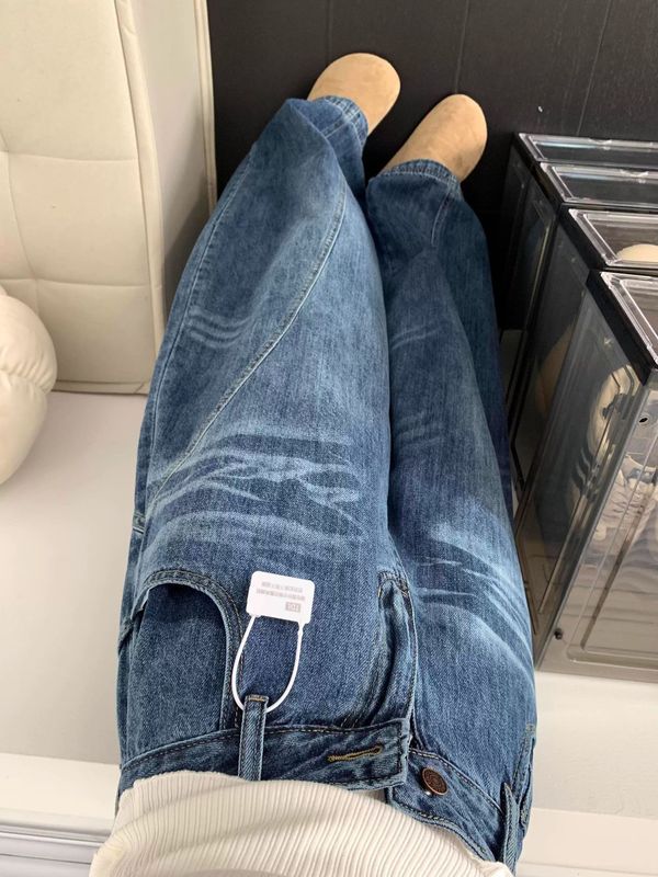 复古高腰阔腿牛仔裤女秋季新款大码胖mm宽松显瘦梨形身材直筒裤子|undefined