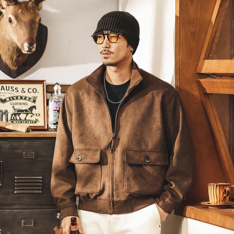 American Heavyweight Retro Suede Jacket for Men Spring & Fall Maillard Vintage Loose Motorcycle Stand Collar Work Jacket for Men American Heavyweight Retro Suede Jacket for Men Spring & Fall Maillard Vintage Loose Motorcycle Stand Collar Work Jacket for Men