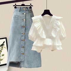 大きいサイズの婦人服200斤の太った妹の夏のスーツの女性のゆったりしたvネックの上着の高い腰のデニムのスカートの2つのセット