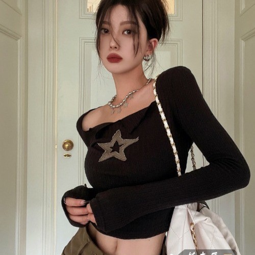 American-style spicy girl five-pointed star V-neck slimming long-sleeved T-shirt women's new design short tight base top