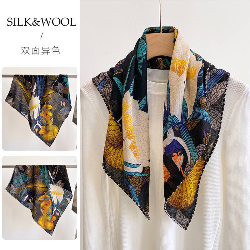 2025春秋冬新型高級シルクウールマフラー女性ファッション気質プリントストール両面シルクスカーフ