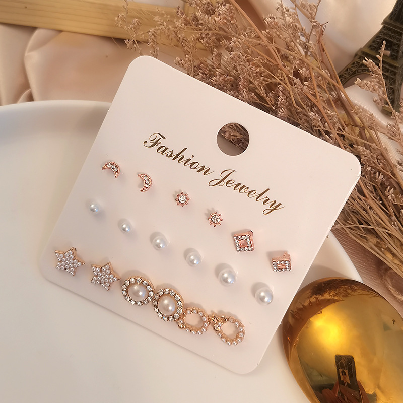 Nuevos Accesorios Sencillos Coreanos Estilo Ins Juego De 9 Piezas Pendientes De Zirconia Perla Pendientes Joyería Para Niñas Fábrica Al Por Mayor display picture 2