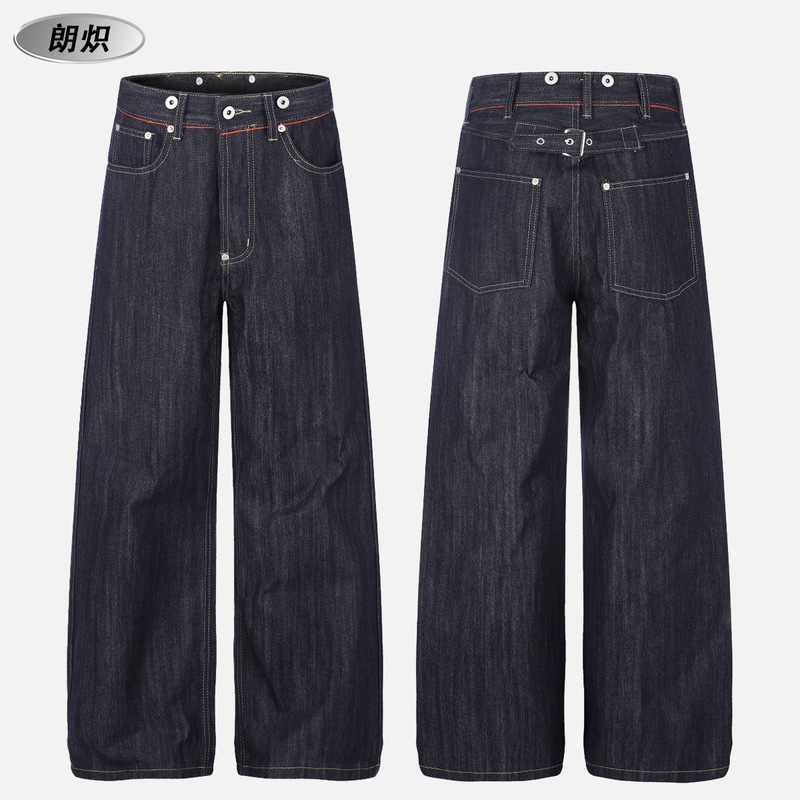 Raw Denim Blue Straight-Leg Jeans for Men and Women, American High Street Style with Visible Stitching, Paris Buckle Design, Boyfriend Style Loose Wide-Leg Pants Raw Denim Blue Straight-Leg Jeans for Men and Women, American High Street Style with Visible Stitching, Paris Buckle Design, Boyfriend Style Loose Wide-Leg Pants