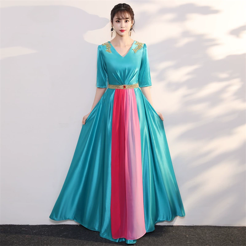 枫彩 Ruker Bear Chorus Performing Girls Long Skirt New Host Dress Red Song Solo Choir Performance