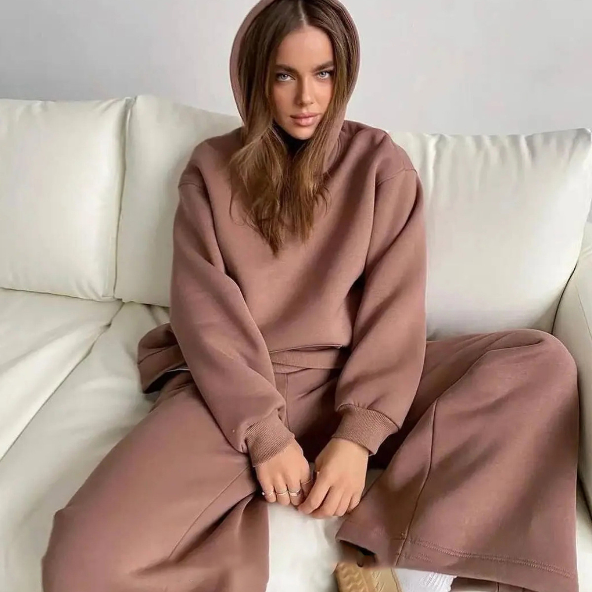 Warm Function Women's Casual Solid Color Cotton Blend Polyester Pants Sets