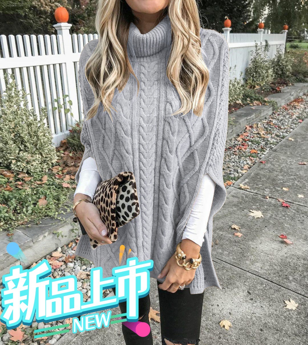 Europa y los Estados Unidos comercio exterior transfronterizo otoño y invierno nuevo estilo de cuello alto color sólido callejero hipster suéter de moda suelta de moda de mujer tela de punto chal image 7