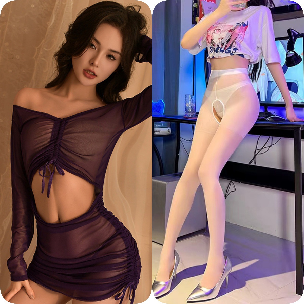 보라색 + 흰색 오픈 양말
